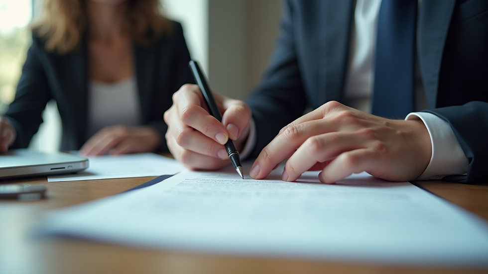 Eye-level view of a lawyer writing legal documents at a desk