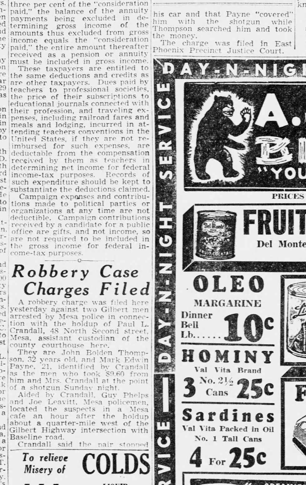 The initial report of the robbery outlining the victims, the perpetrators, and the crime. "Robbery Case Charges Filed" - Arizona Republic, Feb 18, 1941