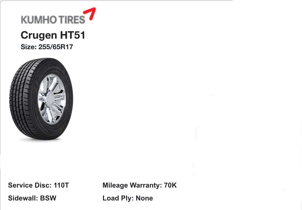 255/65/17 Kumho Crugen HT51