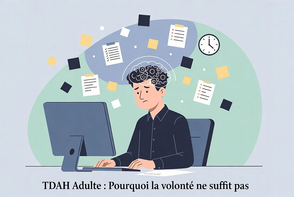 DAH adulte et passage à l’action : pourquoi la volonté ne suffit pas. Illustration : le cerveau face au blocage exécutif.