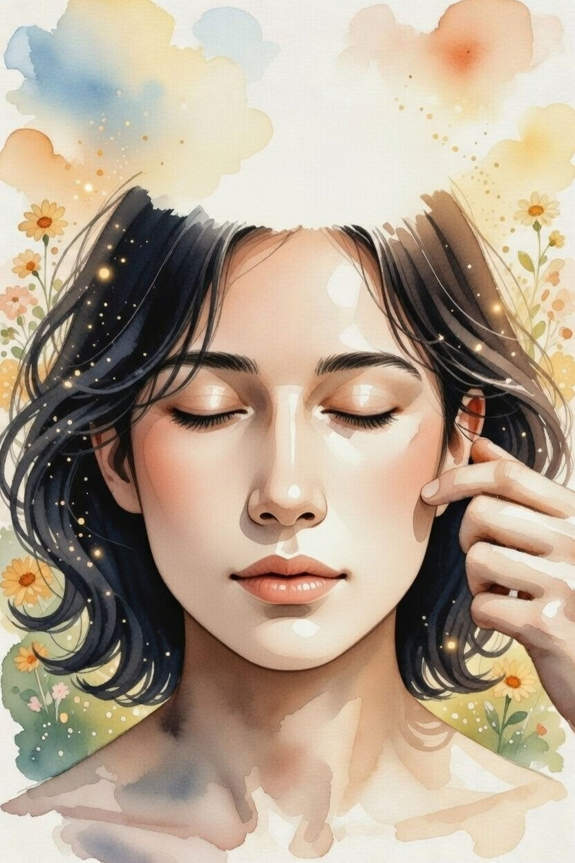 Femme sereine en aquarelle symbolisant renaissance après burnout neuro-atypique