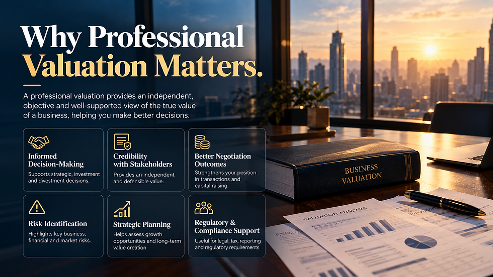 Business valuation report illustrating how professional valuation supports informed decisions, stakeholder credibility, negotiation, risk identification, strategic planning and regulatory requirements.