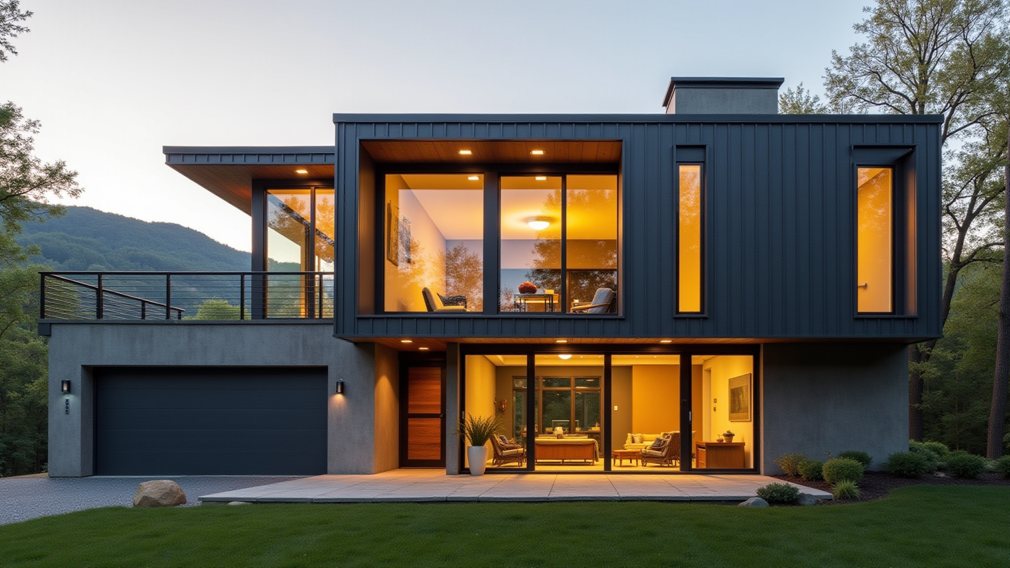 Modern house exterior with large windows and evening lighting EBR Construction.