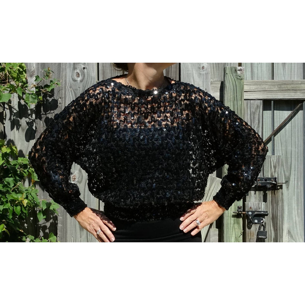 Vtg 80s Sheer Black Sequin Glitter Lace Blouse Top Cocktail Batwing