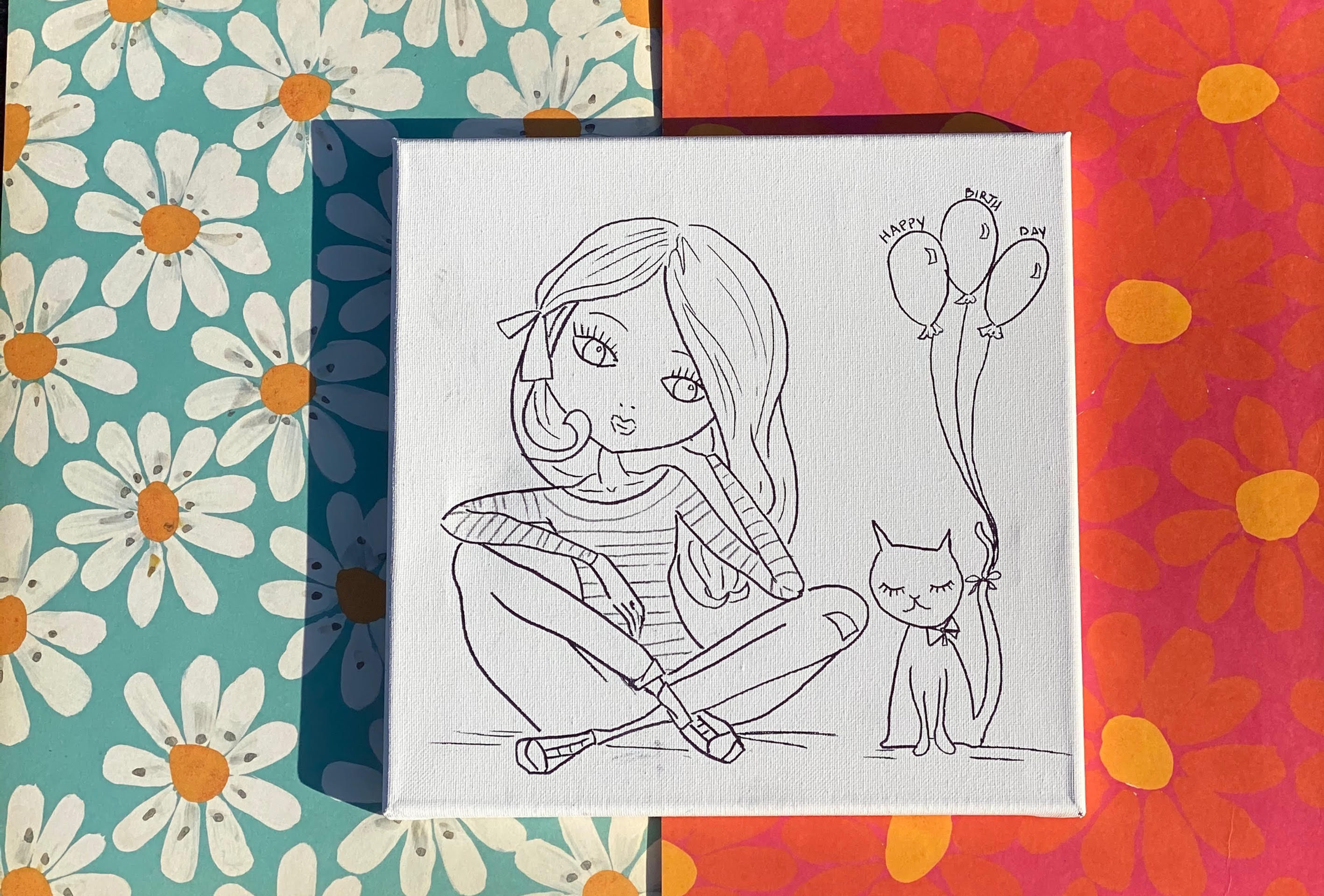 Girl and Kitty w Balloons Hand Drawn Prepared Canvas, 10"x10"