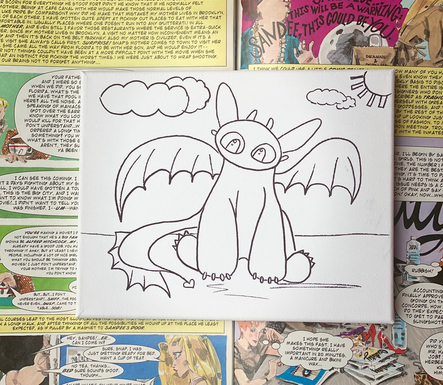 Hand-Drawn Baby Dragon Illustration on White Stretched Canvas