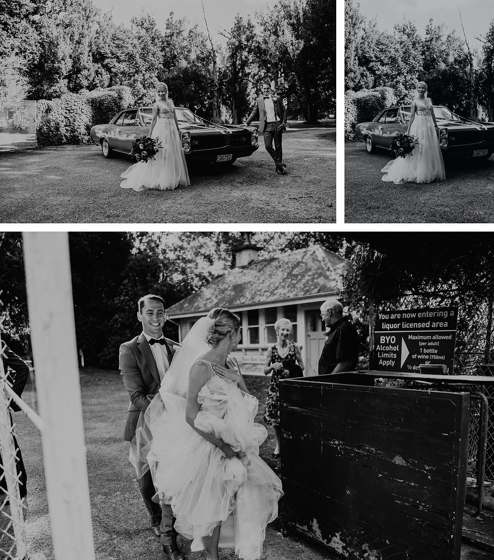 bridal photos at rose & smith, wellington wedding venue, with vintage hire cars