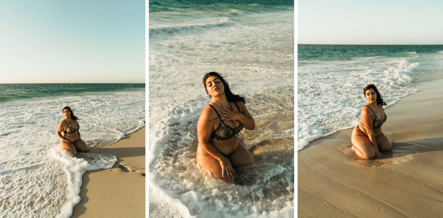 Perth boudoir photoshoot at beach, flower lingerie