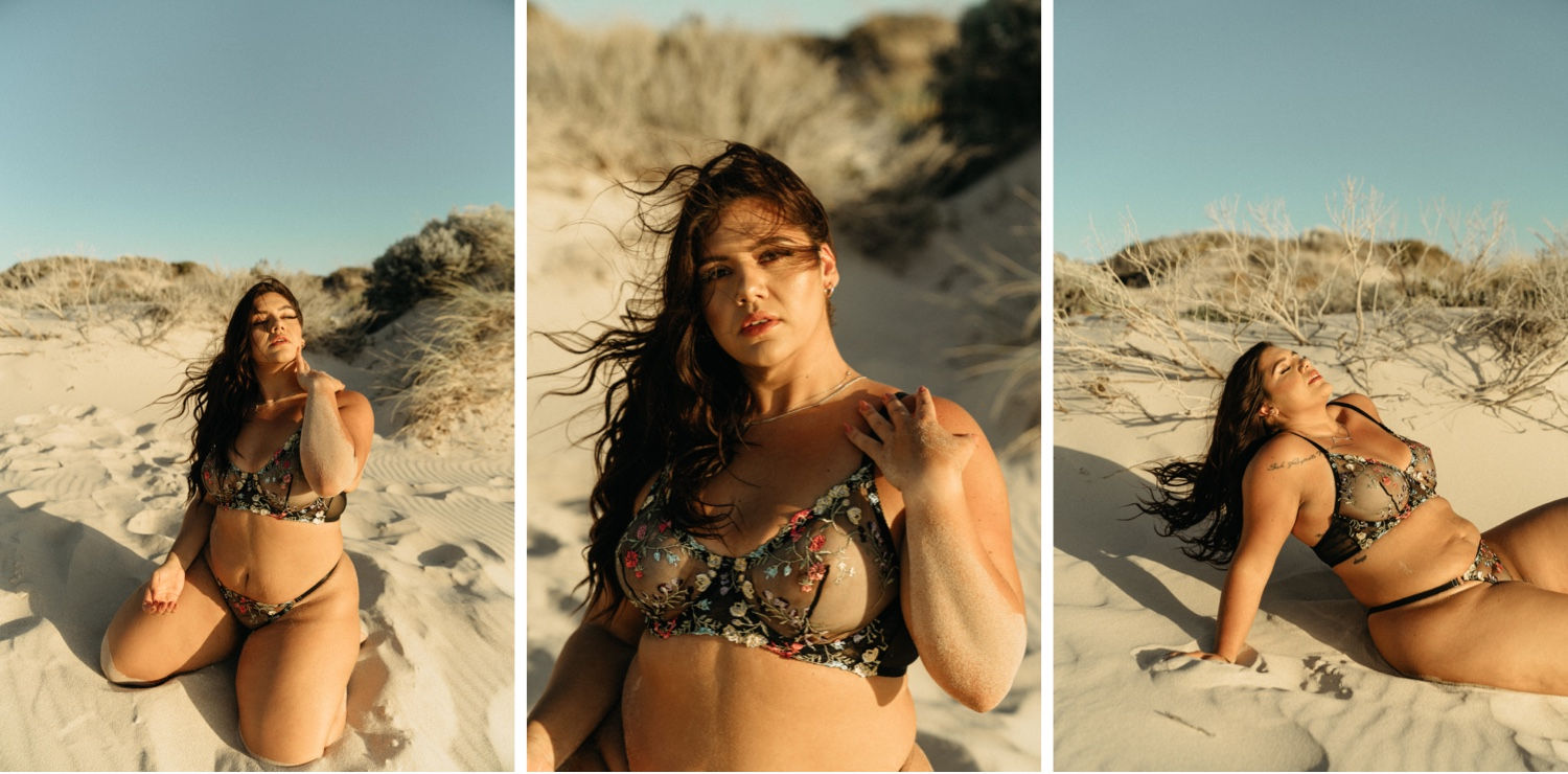 Perth boudoir photoshoot at beach, flower lingerie