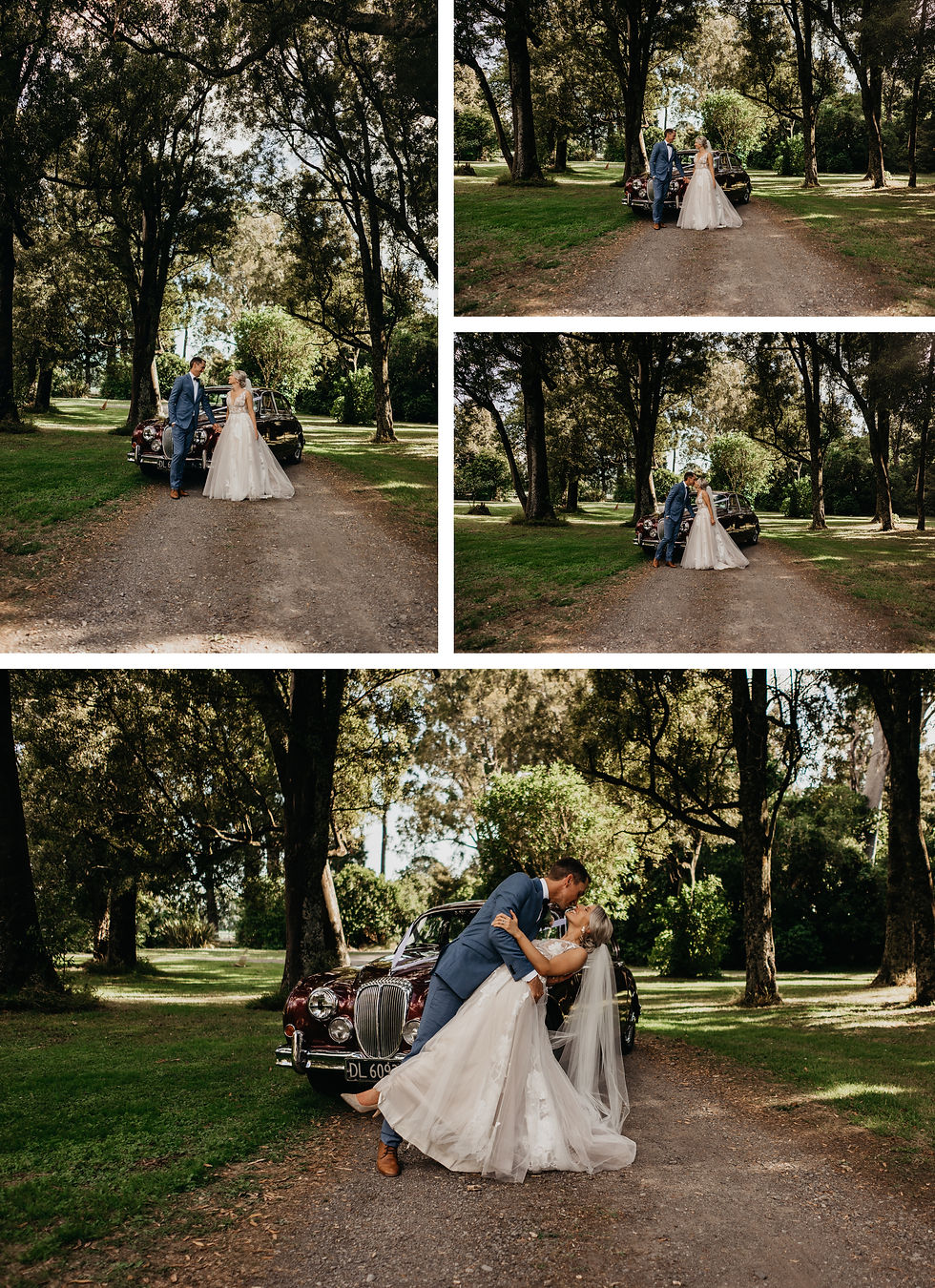 bridal photos at rose & smith, wellington wedding venue, with vintage hire cars