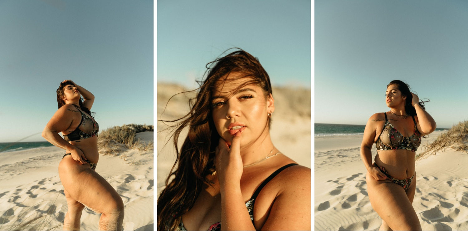 Perth boudoir photoshoot at beach, flower lingerie