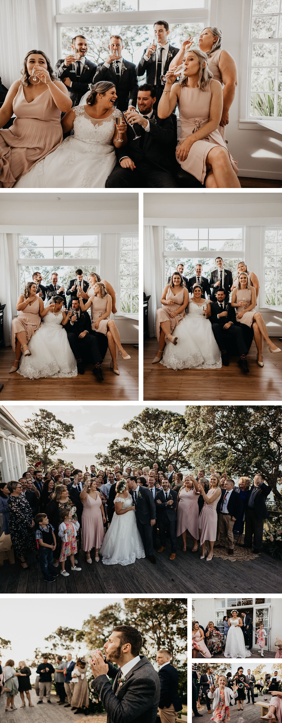 wedding at the officers mess in narrow neck beach, auckland new zealand, group photos, bubbles at wedding