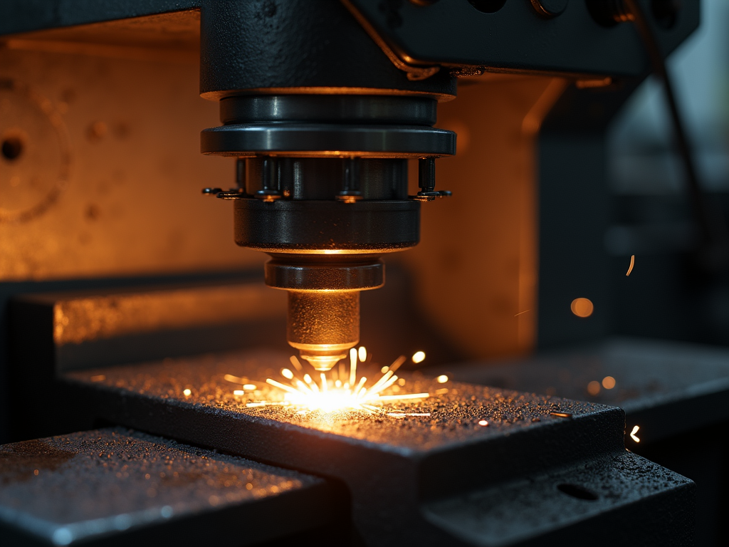 An industrial lathe precisely milling a heavy steel part under warm amber workshop lighting.