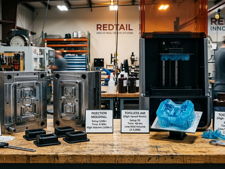 Here is the alt text description for the image: A photograph compares two manufacturing methods on a wooden workbench inside the Redtail Innovations microfactory in El Reno, Oklahoma. On the left are heavy metal injection mold halves, labeled 'EST COST: $32,000' for high volume production. On the right is a modern 3D printer with a detailed translucent blue resin part, labeled 'TOOLLESS AM | Setup $0 | Time: 48 Hrs' for low-to-mid volume. Background shelving and a blurred worker are visible.