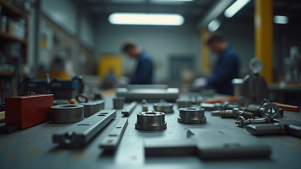 Eye-level view of a workshop bench with prototype parts and tools