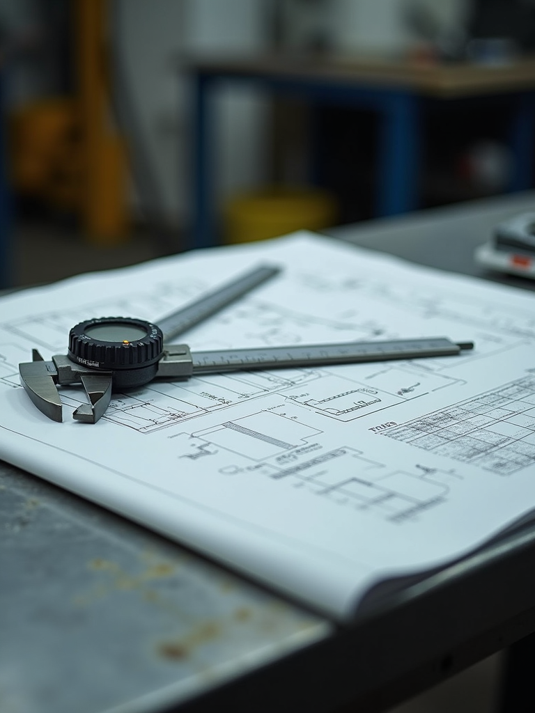 Detailed technical blueprints resting next to precision calipers on a scratched metal workbench.