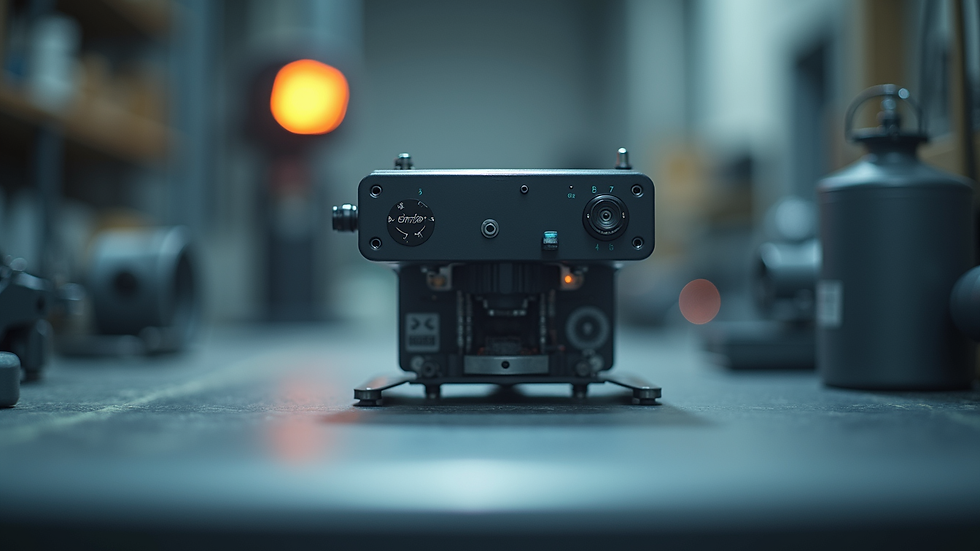 Eye-level view of a prototype device undergoing functional testing in a workshop