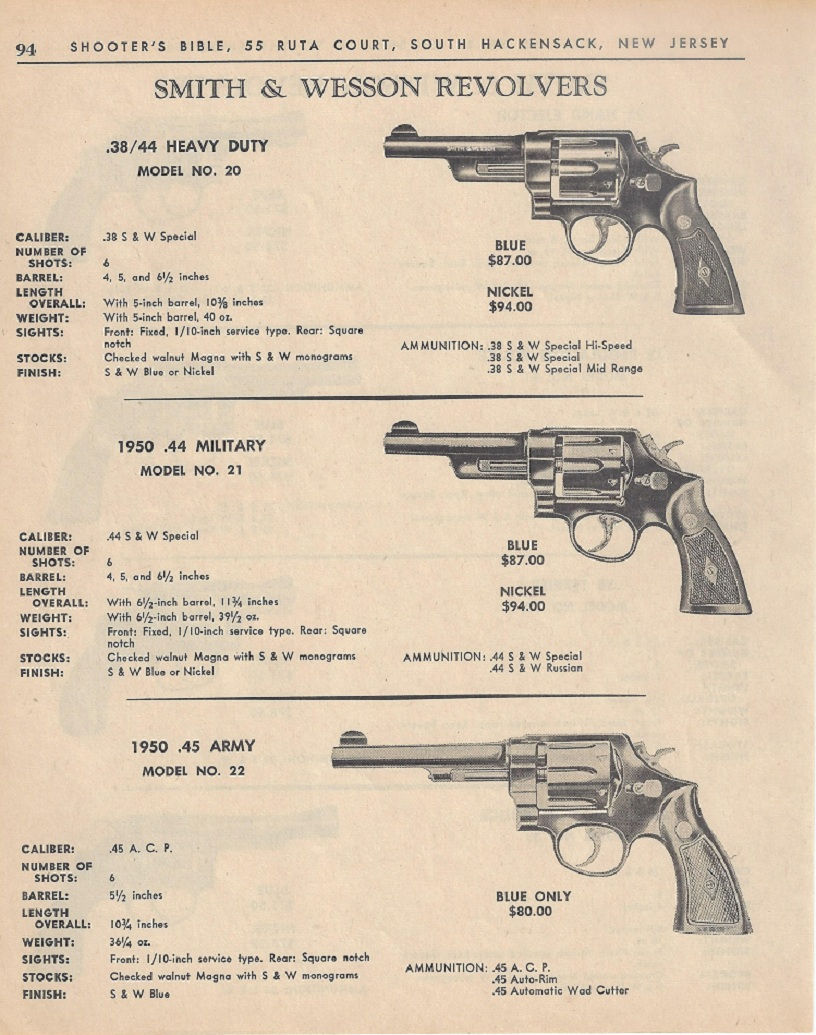 As a tribute to newly elected San Diego County Sheriff J.C. O'Conner, a group of well wishers, including LtCol Jeff Cooper, contributed money to purchase a Model of 1950 Military .44 (Model 21) pictured here in a vintage advertisement. Elden spearheaded the project. Since the only Model of 1950 available had a 61⁄2 inch barrel, the revolver was shipped to Smith&Wesson to have the barrel cut to the 4 inch size preferred by the sheriff. While at S&W, the 1/10 service type (half moon) front sight was replaced with a black Baughman Quick Draw ramp. The barrel was nickel plated and the rest of the pistol was finished in a polished bright blued. It was then engraved "Sheriff J.C. O'Conner.” Elden tuned the action and carved a set of custom stocks. A fitting sidearm for an accomplished Pistolero.