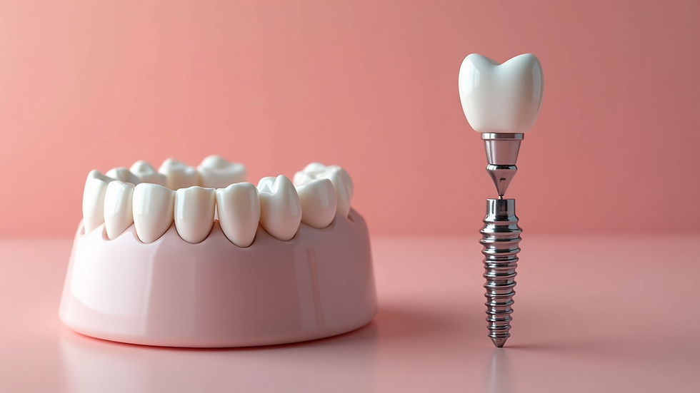 Close-up view of a dental implant model showing the implant and crown