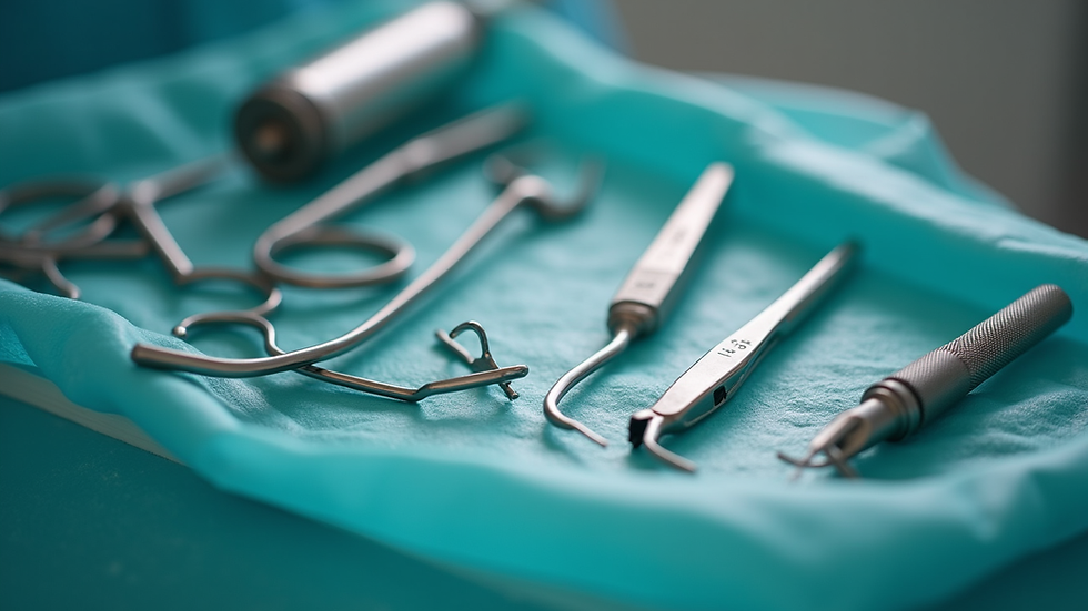 Close-up view of dental tools arranged on a tray ready for tooth extraction