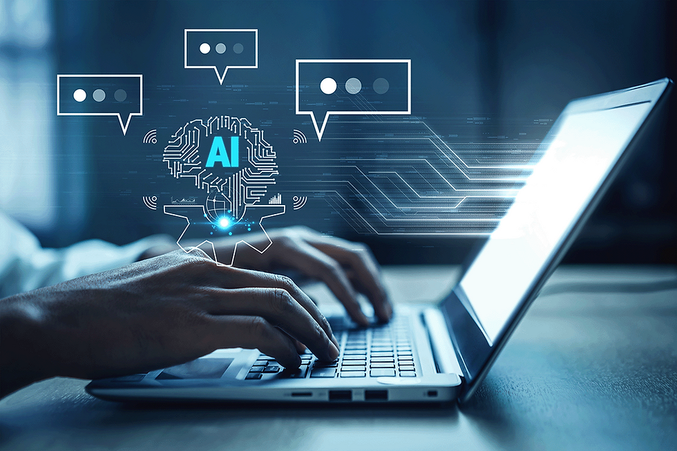 typing on laptop keyboard with AI and message icons