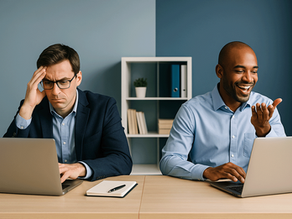 two men at laptop. One overthinking and one talking