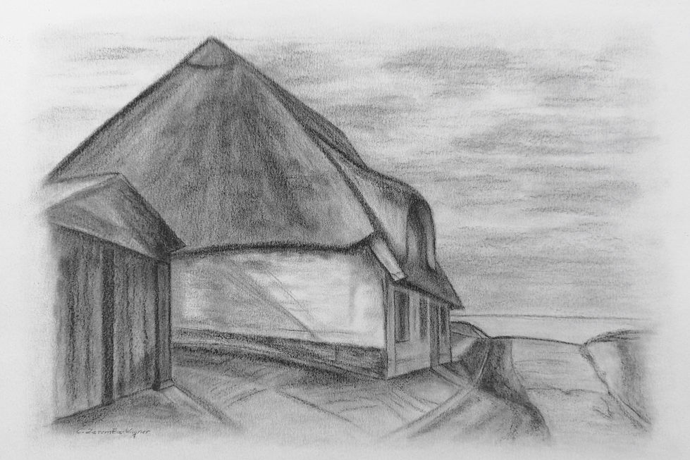 Die letzte Fischerkate am Ende des einzeiligen Dorfes Neu Reddevitz mit Blick auf den Rügischen Bodden.