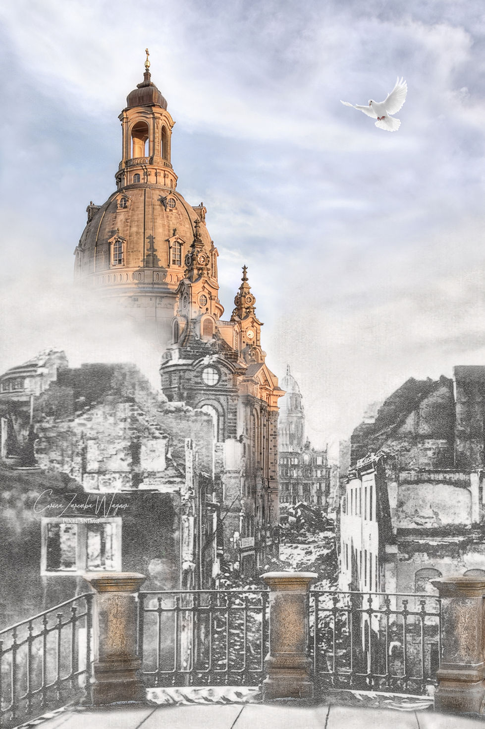 Composing zusammengesetzt aus einer meiner Münzgassenaufnahmen und einer historischen Nachkriegsaufnahme (Fotokopie der Kunstanstalt Stengel & Co. GmbH Dresden) herausgegeben als Ansichtskarte.