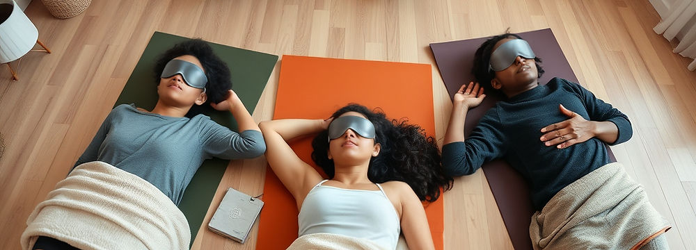 Teenagers lying on yoga mats with blankets, eyes closed, doing the teens and young adult breathwork session in a warm and calm studio setting.