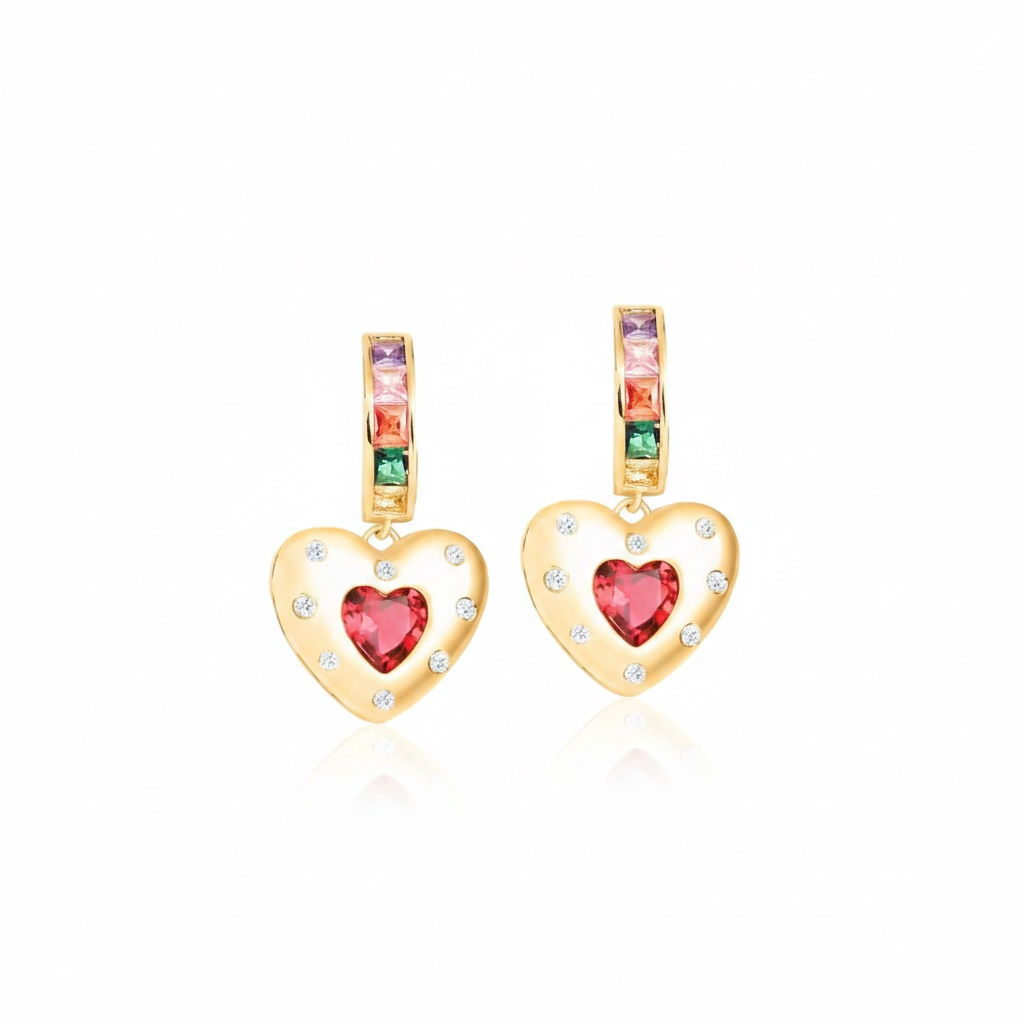 Ruby Multicoloured Gemstone Gold Heart Earrings