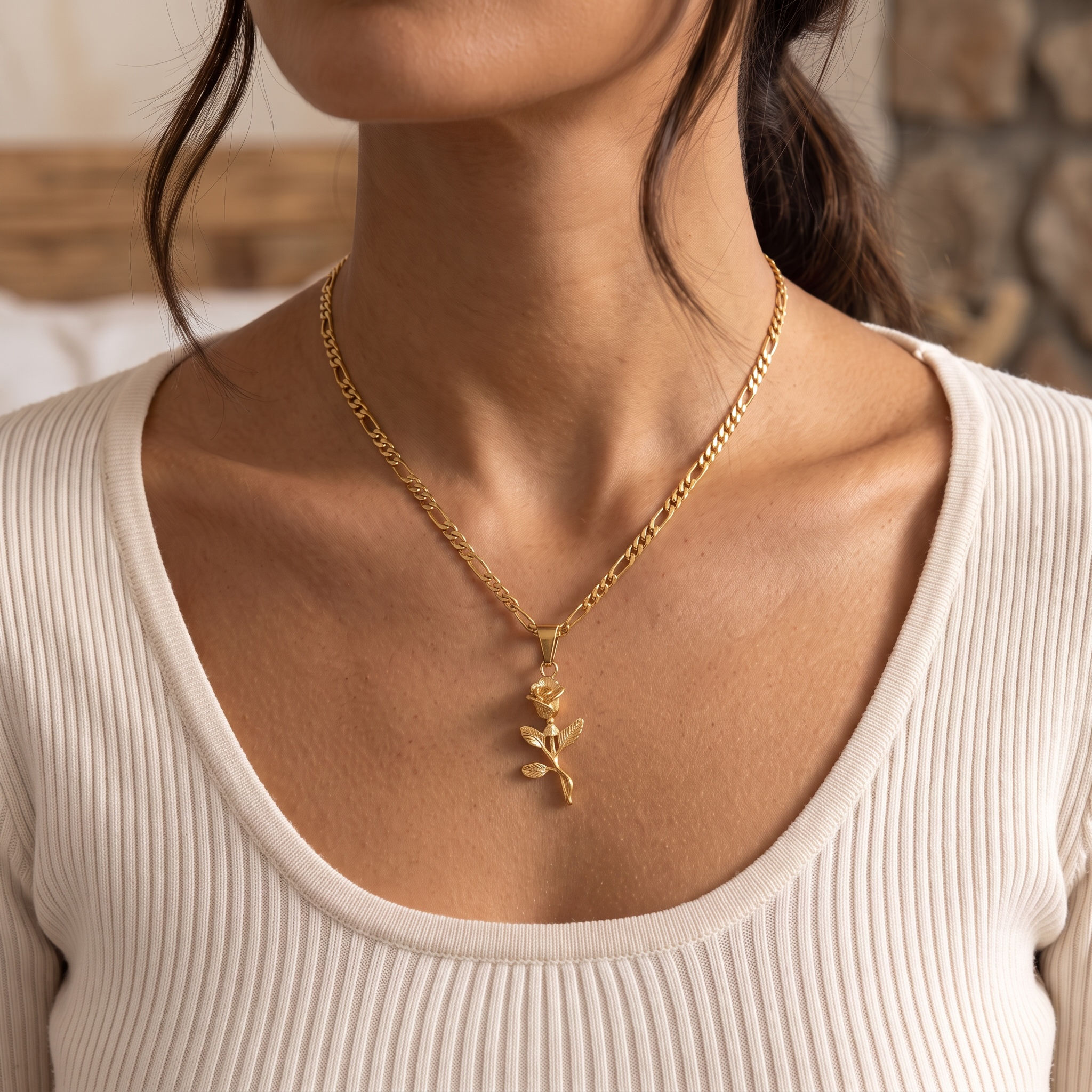 Figaro Chain Rose Pendant Necklace