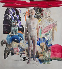 Contemporary oil painting by Lucas Bononi of a standing nude male figure surrounded by layered abstract forms, organic textures, and expressive brushstrokes in red, blue, and earth tones.