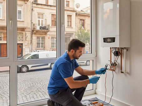 İstanbul Zeytinburnu'nda modern bir dairede duvar tipi kombi tamiri ve yıllık periyodik bakımı yapan profesyonel teknik servis personeli.