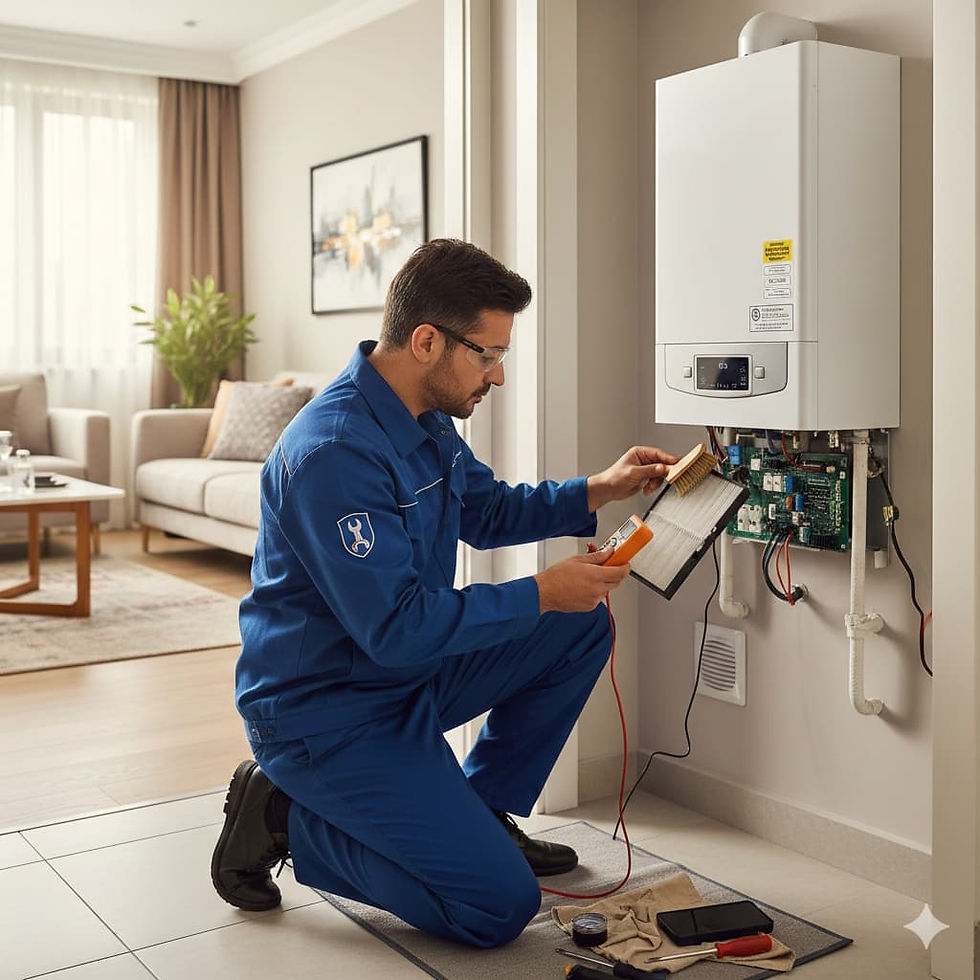 Modern ve aydınlık bir İstanbul evinde, mavi üniformalı profesyonel bir teknik servis personeli duvara monte edilmiş bir kombinin yıllık bakımını yapıyor.