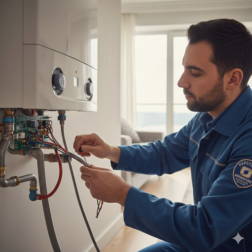 Kombi sisteminin iç bileşenlerini yakından inceleyen teknisyen. Bu detaylı bakım, uzun ömürlü ve garantili hizmetin profesyonel güvencesini simgeliyor.