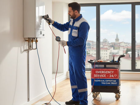 Kağıthane, İstanbul'da modern bir dairede, güvenlik eldivenli ve üniformalı uzman bir HVAC teknisyeni, duvara monte kombi kazanı inceliyor