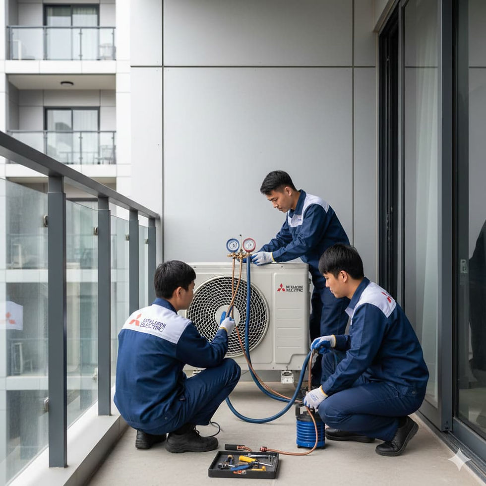 Modern bir balkon üzerinde, Mitsubishi dış üniteye gaz dolumu ve teknik bakım yapan profesyonel teknisyenler.