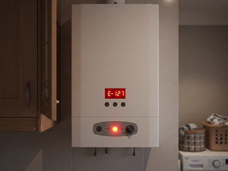 Mutfak duvarında asılı, dijital ekranında kırmızı hata kodu yanan modern beyaz bir kombinin yakın çekimi.