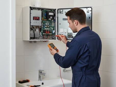 Arızalı bir kombiyi multimetre ile kontrol eden mavi üniformalı servis teknisyeni; cihaz ekranında düşük sıcaklık uyarısı görülüyor.