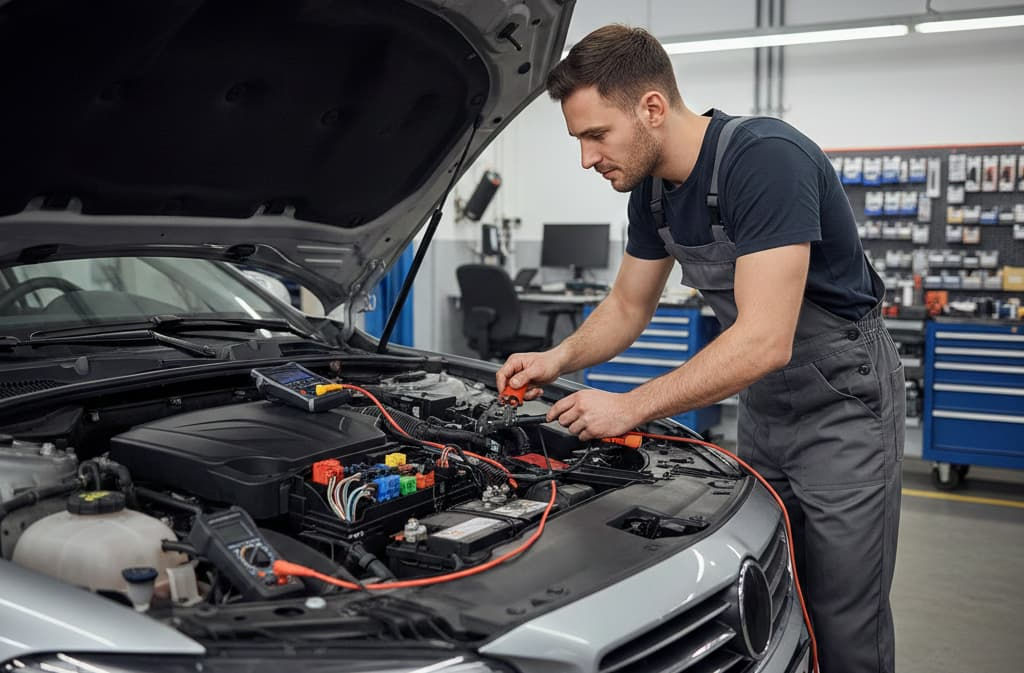 Kaputu açık bir aracın elektrik aksamını profesyonel cihazlarla kontrol eden oto elektrik teknisyeni.