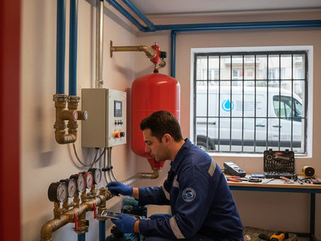 Bahçelievler'de bir apartman dairesinin teknik odasında, üniformalı bir teknisyen hidrofor sisteminin basınç göstergelerini ve kontrol panelini dikkatle kontrol ediyor.