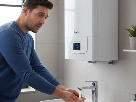 Ferroli kombi önünde musluktan akan suyu şaşkınlıkla test eden bir adam; ılık su sorunu ve profesyonel servis ihtiyacı temalı gerçekçi fotoğraf.