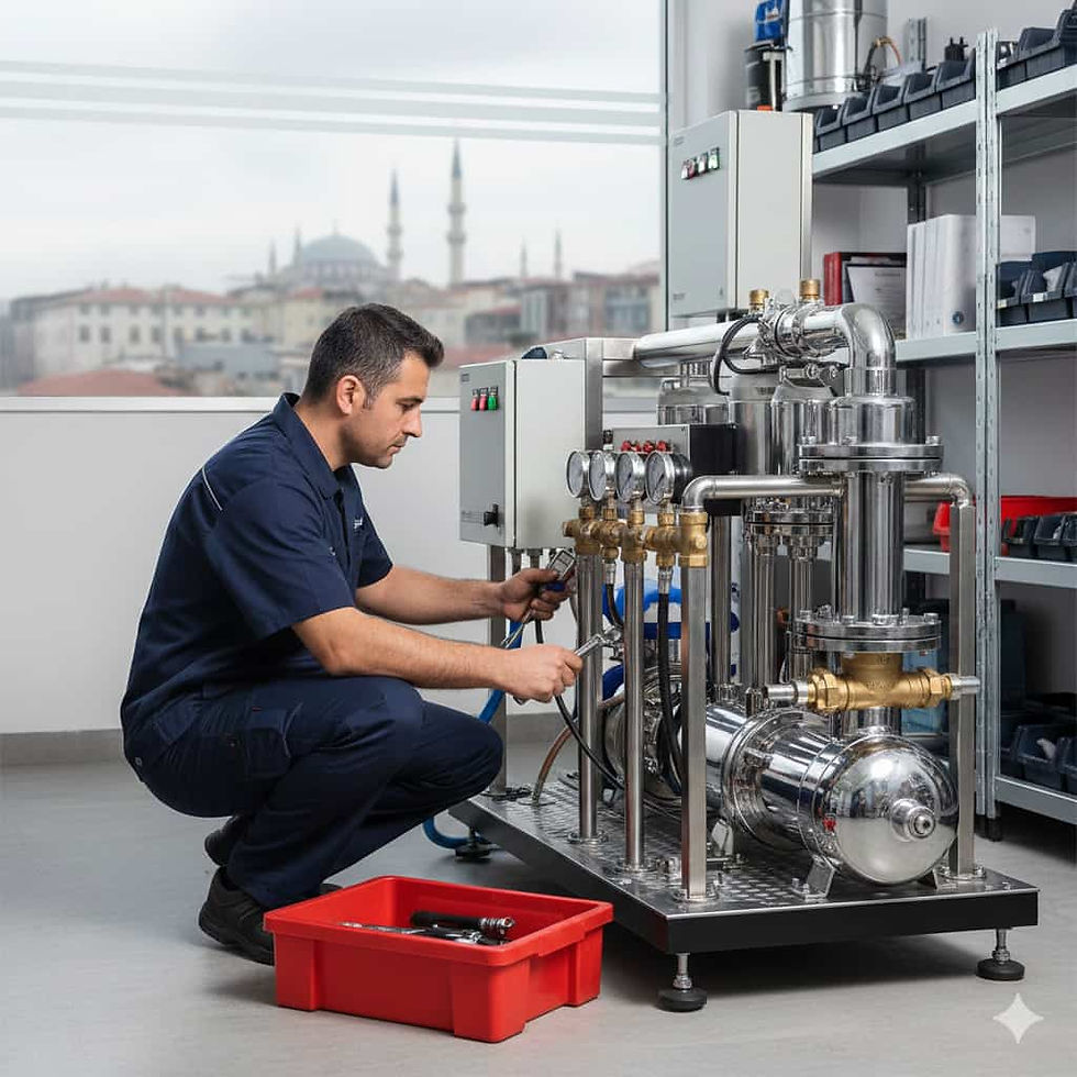 Beşiktaş'ta bir konutun teknik odasında modern hidrofor sisteminin basınç ayarlarını yapan uzman teknisyen.