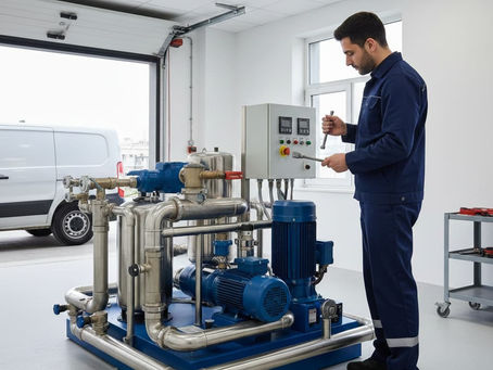 Etiler'de modern bir apartman dairesinin teknik odasında, mavi iş üniformalı uzman bir teknisyen gelişmiş bir hidrofor sistemini kontrol ediyor.