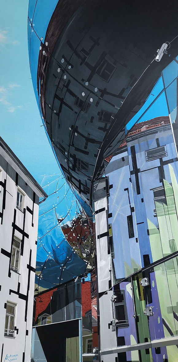 Gemälde mit dem Innenhof vom Kunsthaus Graz.
