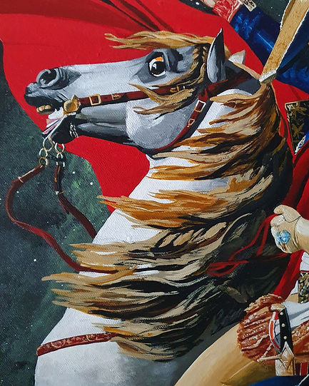 Detailansicht: Gemälde mit Auftraggeber als Napoleon mit Katze im Weltall.