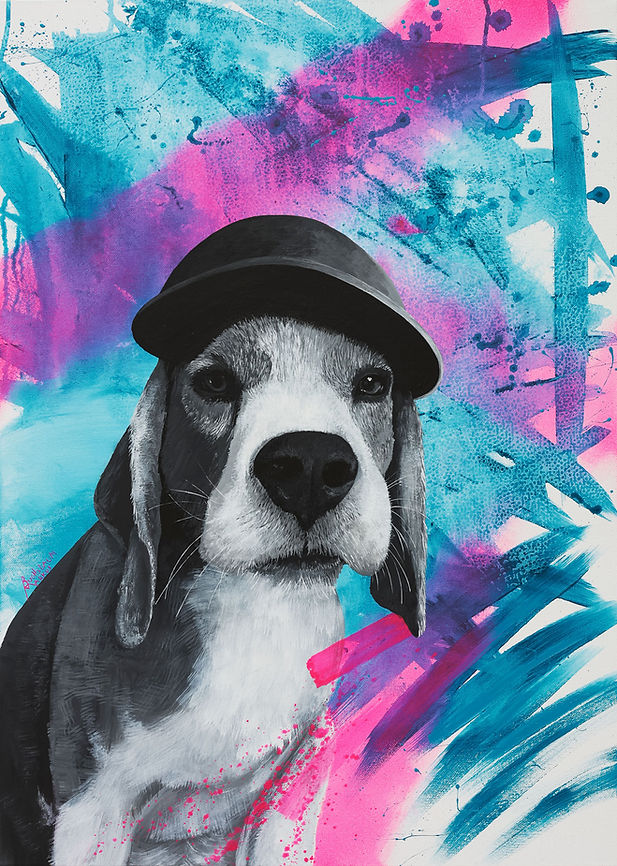 Gemälde mit Beagle, der Hut trägt.