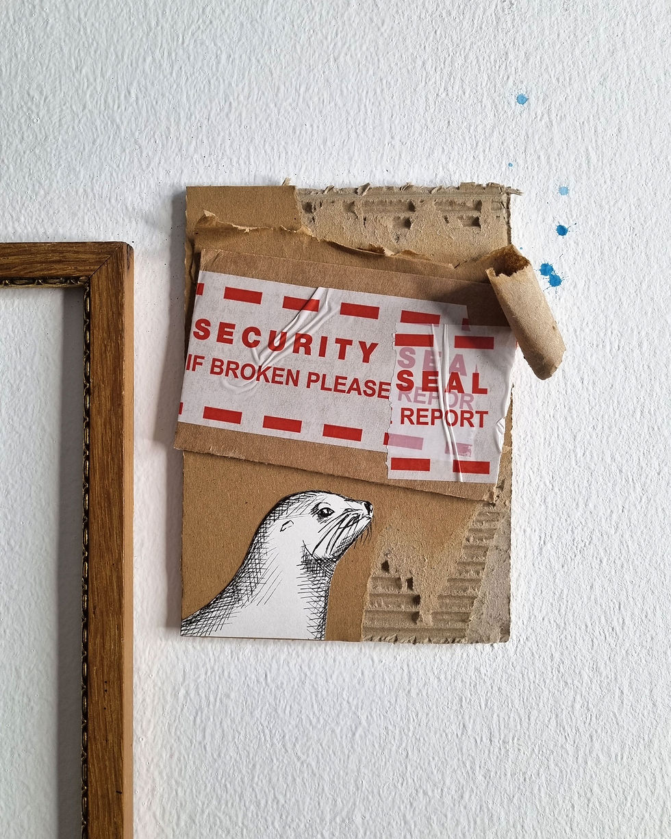 Zeichnung mit Robbe mit Tusche auf upgecyceltem Kartonrest von Wiener Künstler Markus Buchsbaum.