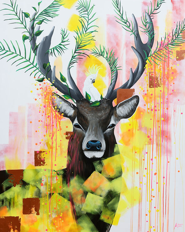 Gemälde mit Sommerhirsch von Wiener Künstler Markus Buchsbaum.