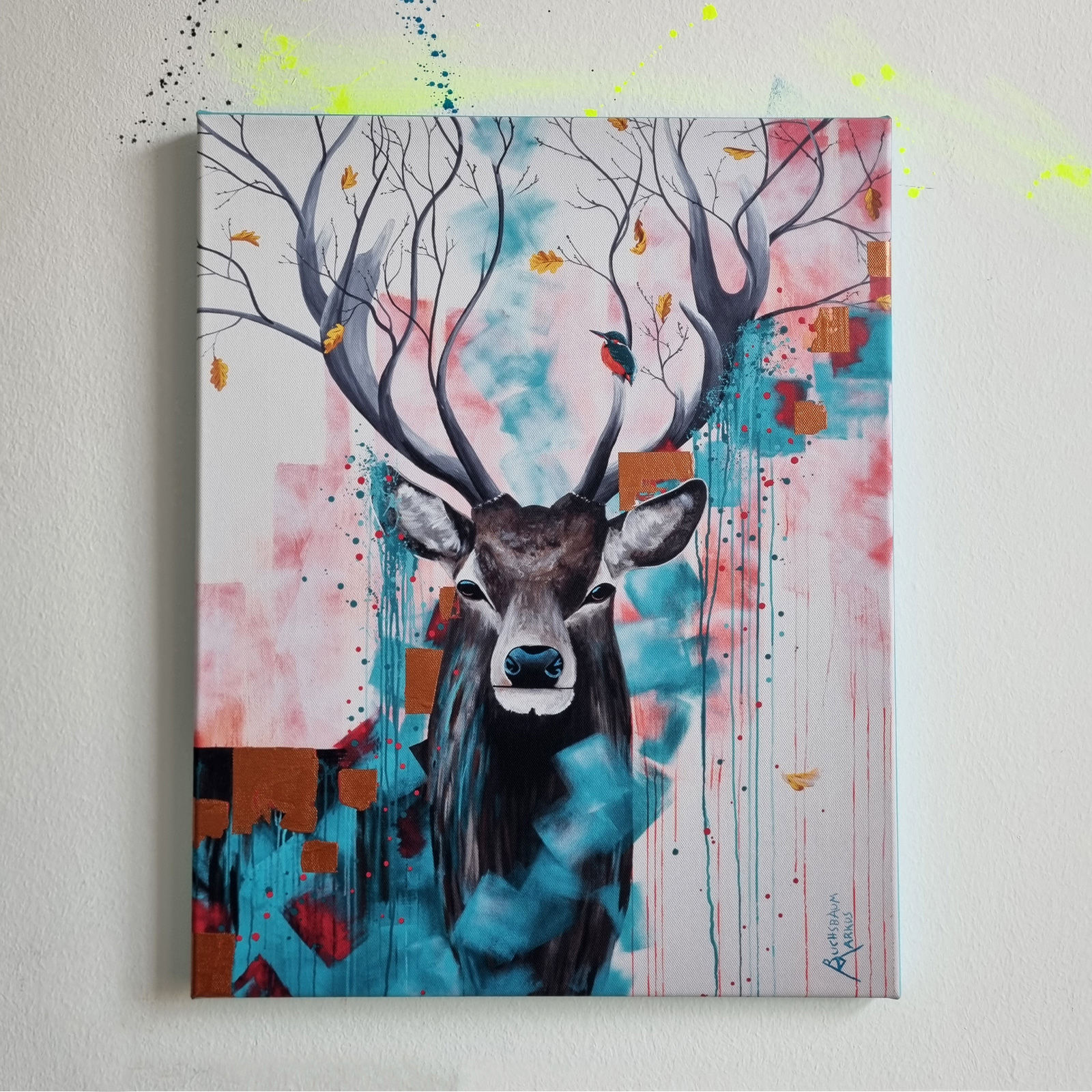 Kunstdruck auf Leinen mit Hirsch und Eisvogel, übermalt und signiert, von Wiener Künstler Markus Buchsbaum.
